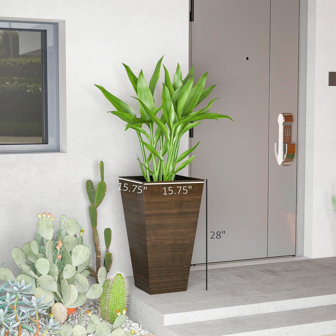 Set of 3 Tall 28in Faux Wood Outdoor Planters — Drainage Holes, Natural Texture Plastic Flower Pots (Brown)
