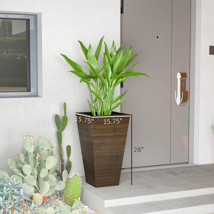 Set of 3 Tall 28in Faux Wood Outdoor Planters — Drainage Holes, Natural Texture Plastic Flower Pots (Brown)