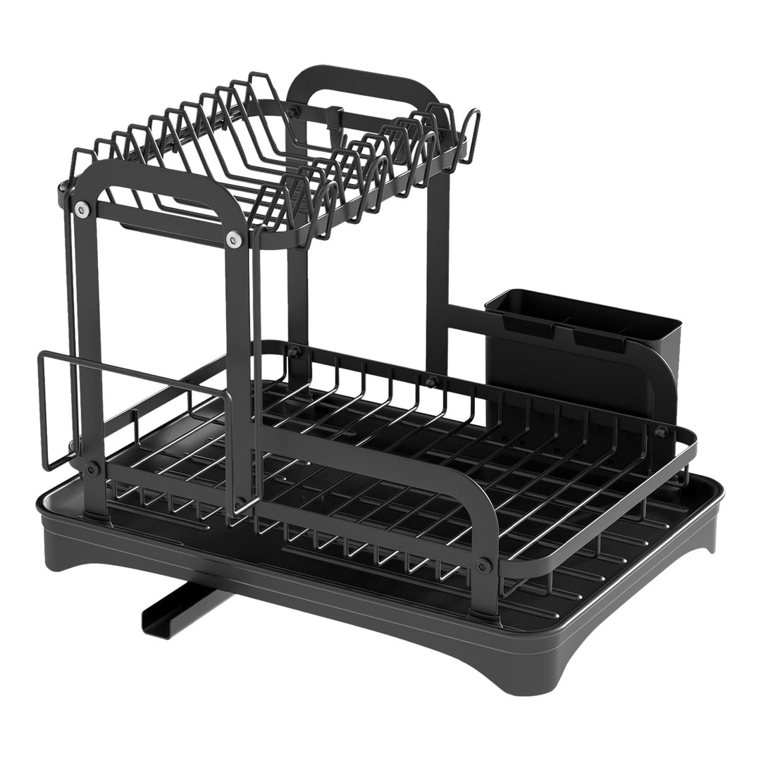 2-Tier Rustproof Dish Drying Rack with Drainboard — Space-Saving Counter Organiser with Utensil Holder, Bowl Rack & Chopping Board Slot