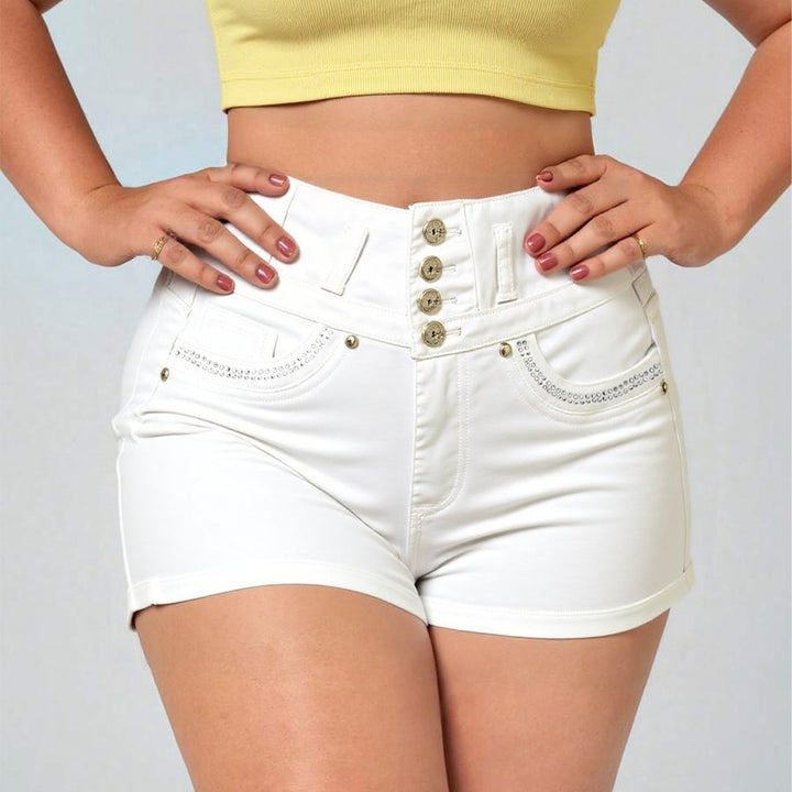 Women's White High-Rise Denim Shorts – Slim Fit Button Front with Bling Pocket Detail