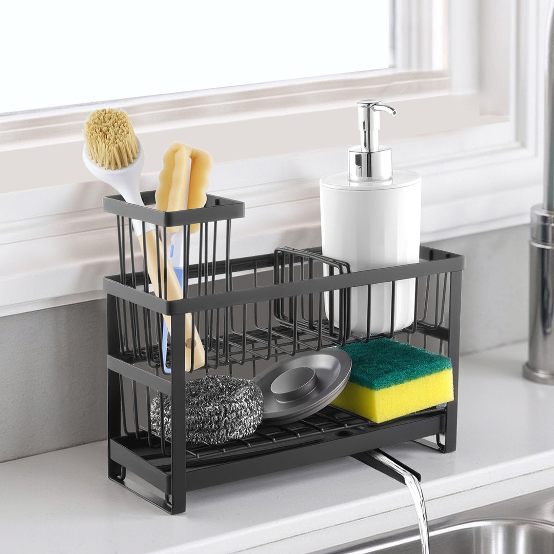 Kitchen Sink Caddy Sponge Holder — Countertop Organizer for Kitchen Essentials Storage (Black)