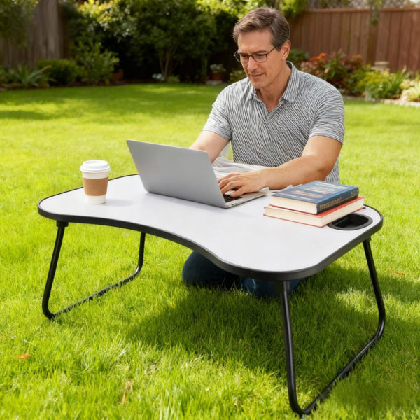 Portable Foldable Laptop Desk — 26.5×18.5in Metal & Wood with Cup Holder for Bed, Car, Couch & Outdoor Use (Grey/White)