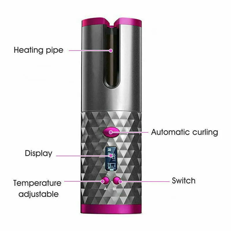 LCD Cordless Auto-Rotating Ceramic Hair Curler — Wireless Waver Curling Iron