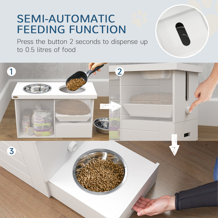 Elevated Dog Bowls with Slow Feeder Mat, Storage Cabinet, 3 Stainless Steel Bowls for Large & Extra Large Dogs, White