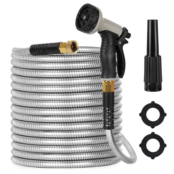 100ft Stainless Steel Metal Garden Hose — Flexible, Kink-Free, with 10-Pattern Spray Nozzle & 2 Nozzles