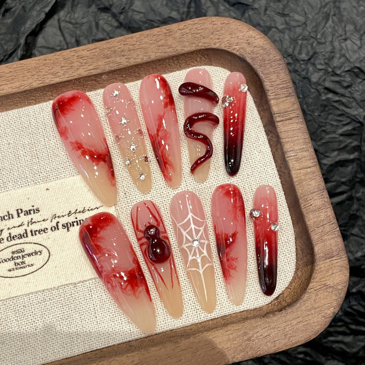 New Chinese Style Long Red Press-On Nails — Elegant Oriental Design, Festive Handmade Manicure