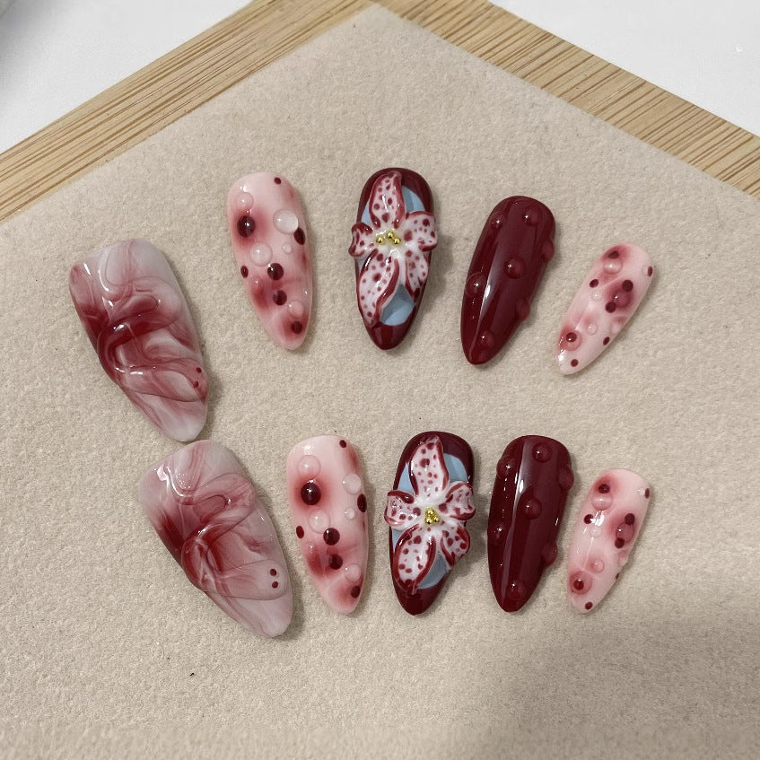 3D Hand-Painted Blooming Floral Press-On Nail Set — Almond Shape, Sizes XS–L, Glue Kit Included