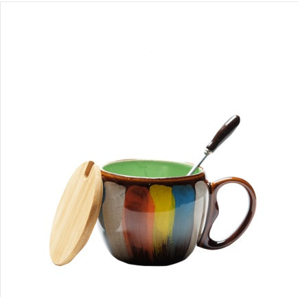 Creative Ceramic Mug with Lid & Spoon — Multi-Purpose Coffee, Milk, Tea & Breakfast Cup for Couples (4 Colours)