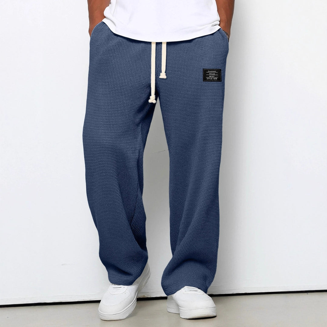 Waffle Straight Pants Fashion Brand Loose Loose  Drawstring Pockets Trousers Casual Men's Clothing