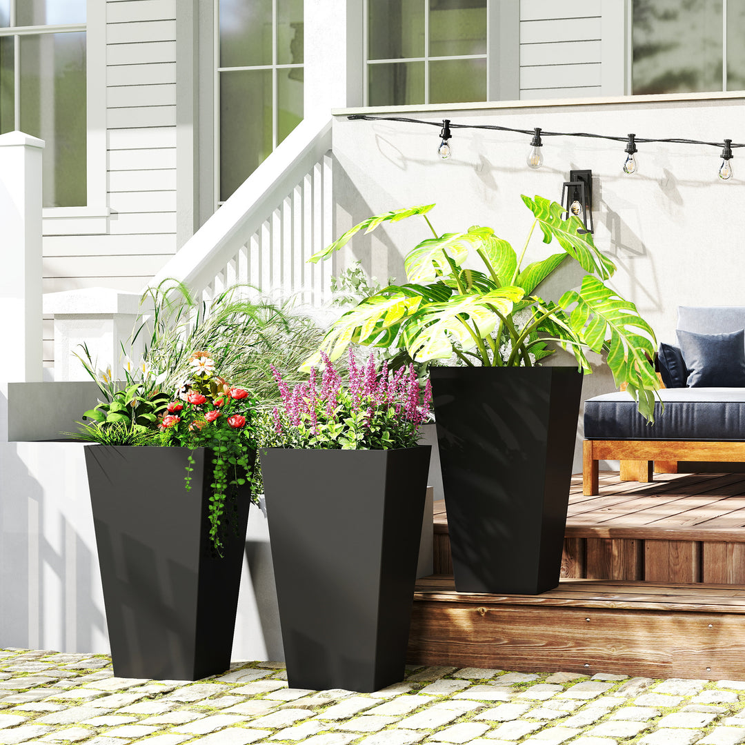 Set of 3 Grande 28in Tall Outdoor Planters — Tapered with Drainage Holes, Front Porch & Patio Décor (Black)