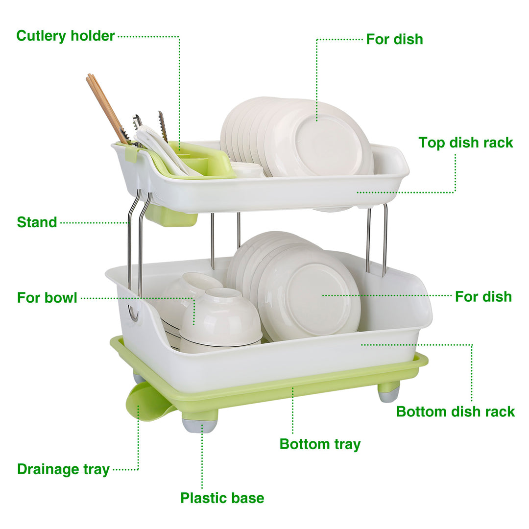 2-Tier Dish Drying Rack — Cutlery Drainer, Holder & Kitchen Storage Shelf (Green & White)
