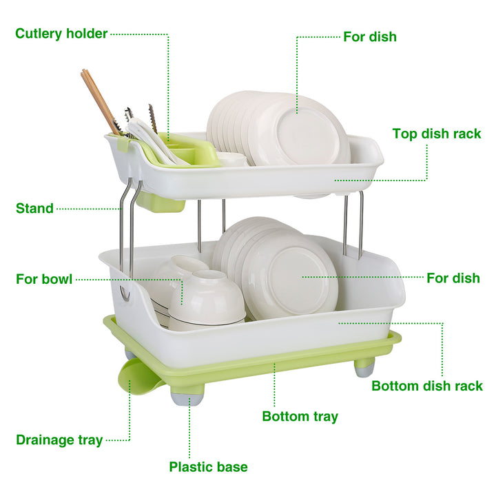 2-Tier Dish Drying Rack — Cutlery Drainer, Holder & Kitchen Storage Shelf (Green & White)