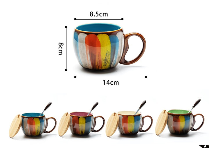 Creative Ceramic Mug with Lid & Spoon — Multi-Purpose Coffee, Milk, Tea & Breakfast Cup for Couples (4 Colours)