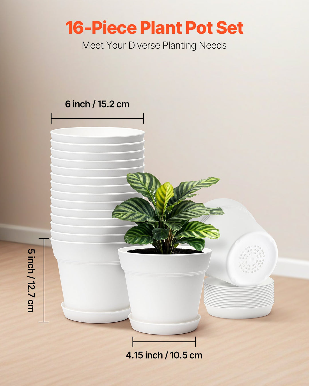 16-Pack 6in Plastic Planter Pots with Drainage Holes & Saucers — Durable Multi-Use Garden Pots (White)
