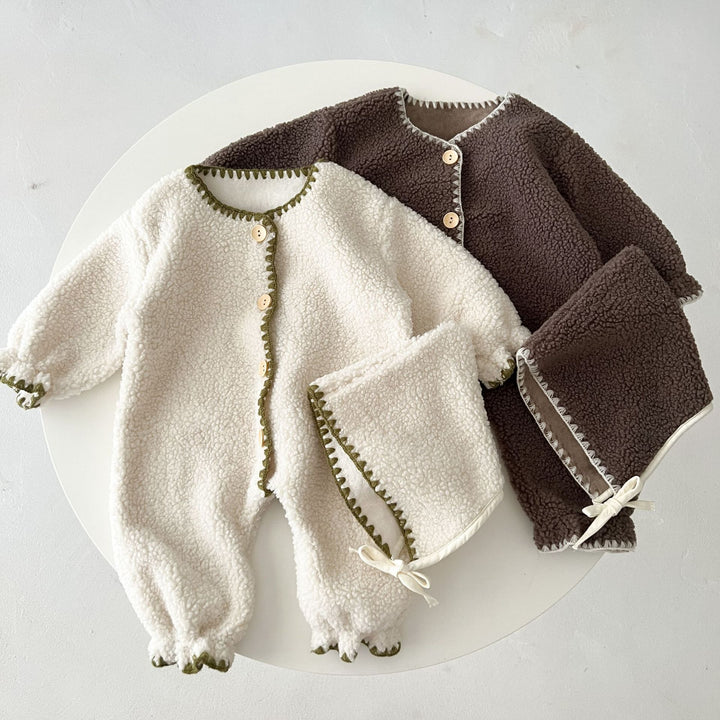 Fleece-Lined Baby Romper — Warm Western Style One-Piece Long Jumpsuit for Infants (Dark Brown/White)