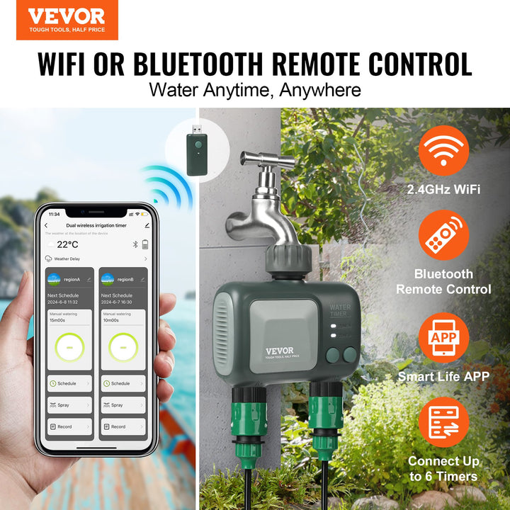 WiFi Smart Sprinkler Timer — 2-Outlet Hose Faucet Water Timer, App & Voice Control, Alexa & Google Compatible, IPX6 Waterproof