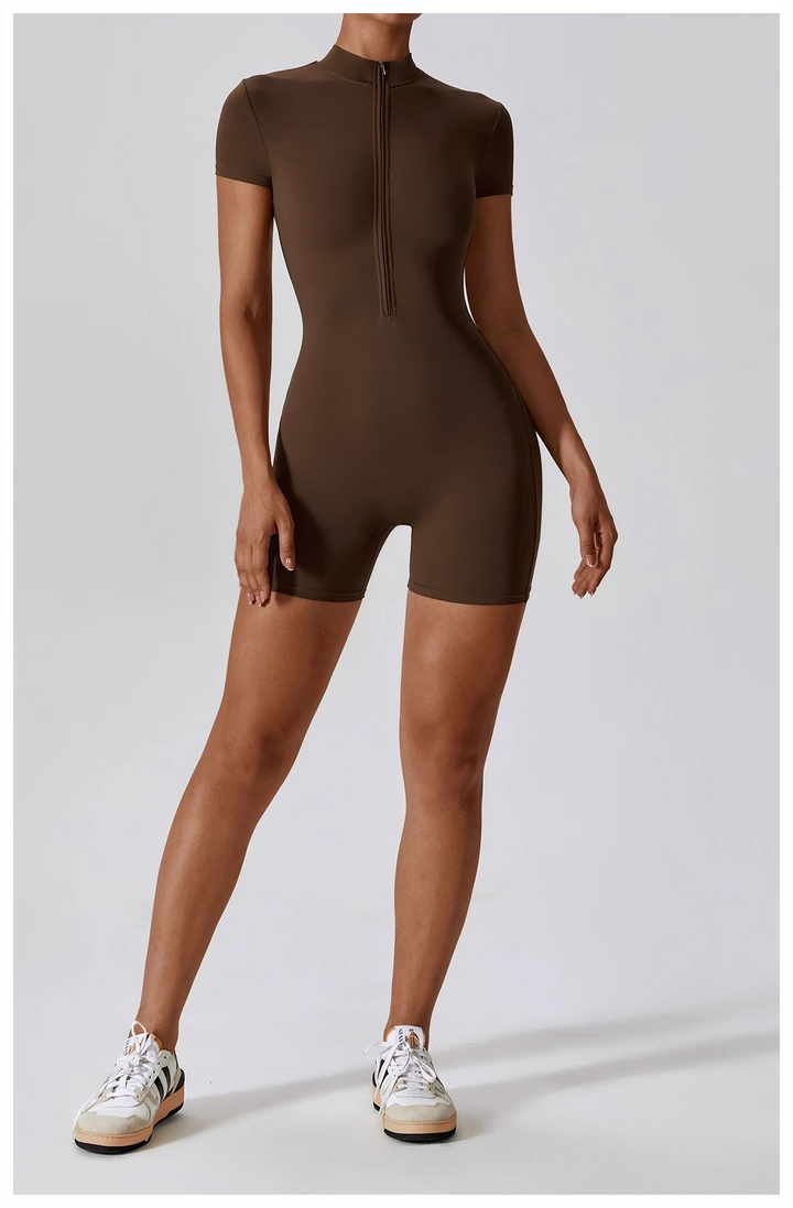 Women's Zip-Up Yoga Bodysuit – Short Sleeve One-Piece Workout Outfit