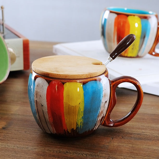 Creative Ceramic Mug with Lid & Spoon — Multi-Purpose Coffee, Milk, Tea & Breakfast Cup for Couples (4 Colours)