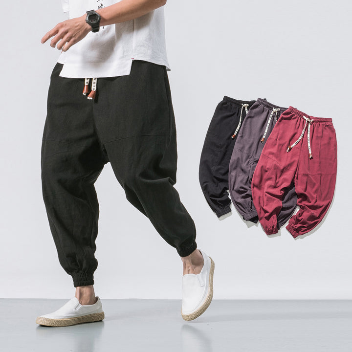 Men's Casual Japanese Loose Solid Color Cotton And Linen Trousers