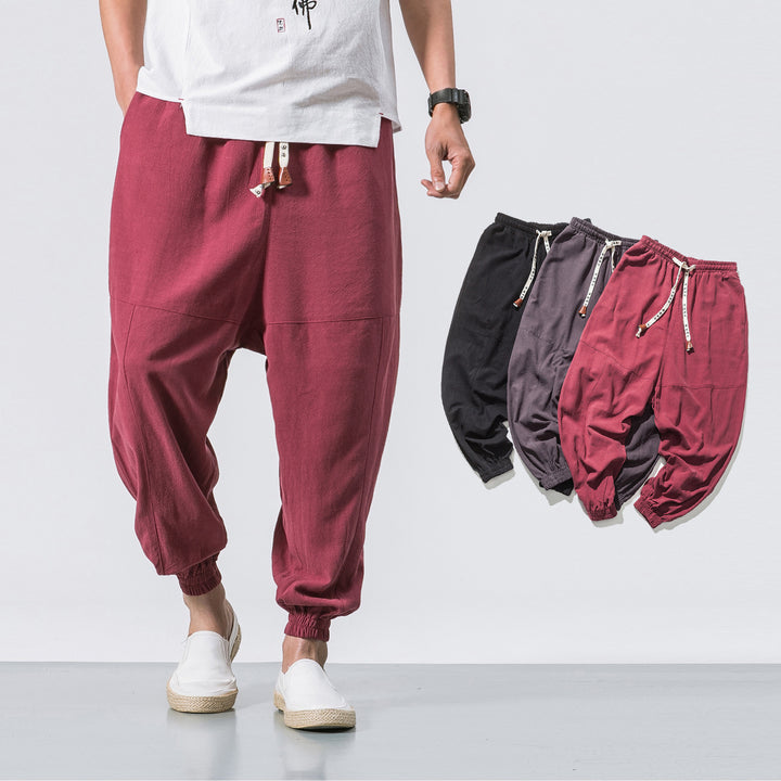 Men's Casual Japanese Loose Solid Color Cotton And Linen Trousers