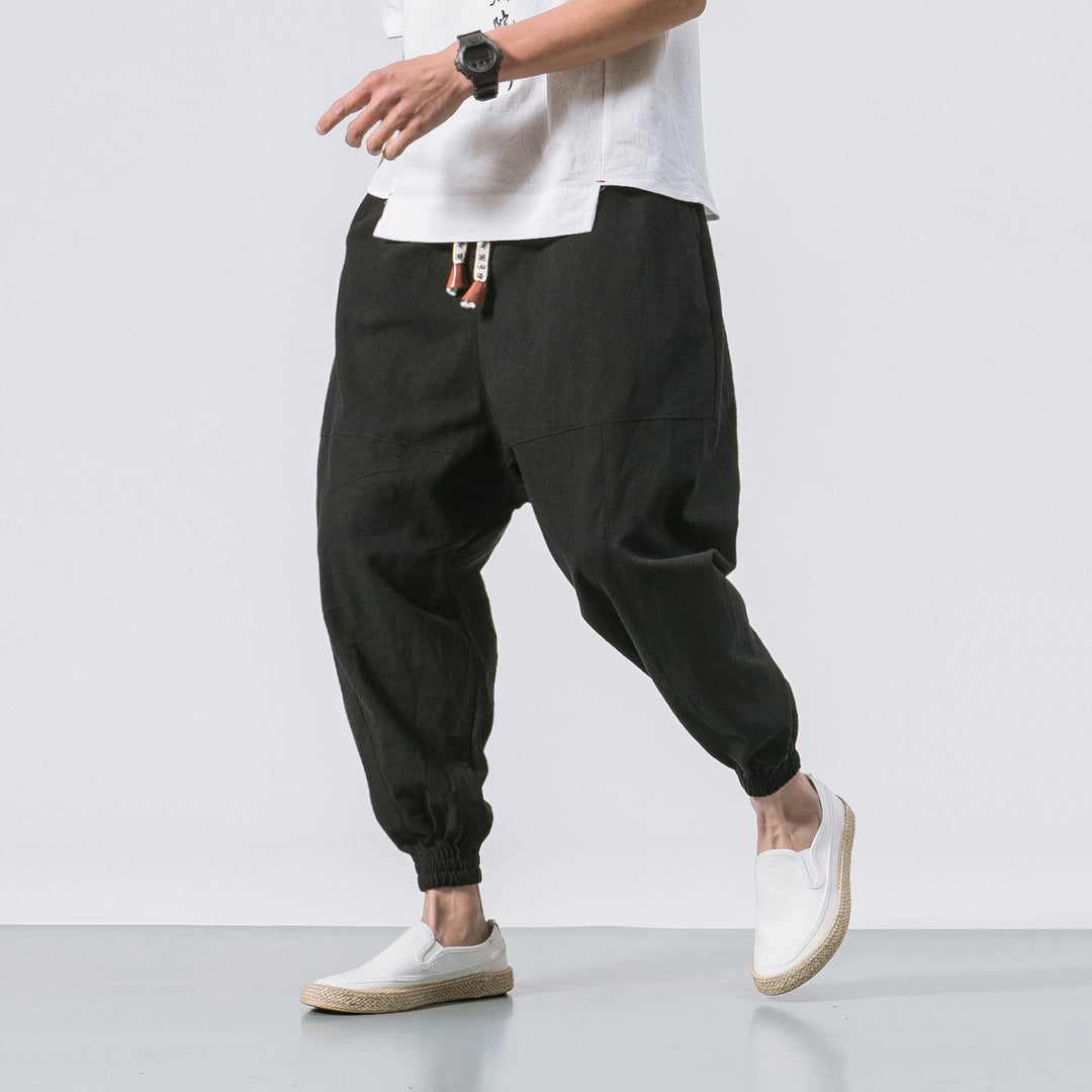 Men's Casual Japanese Loose Solid Color Cotton And Linen Trousers