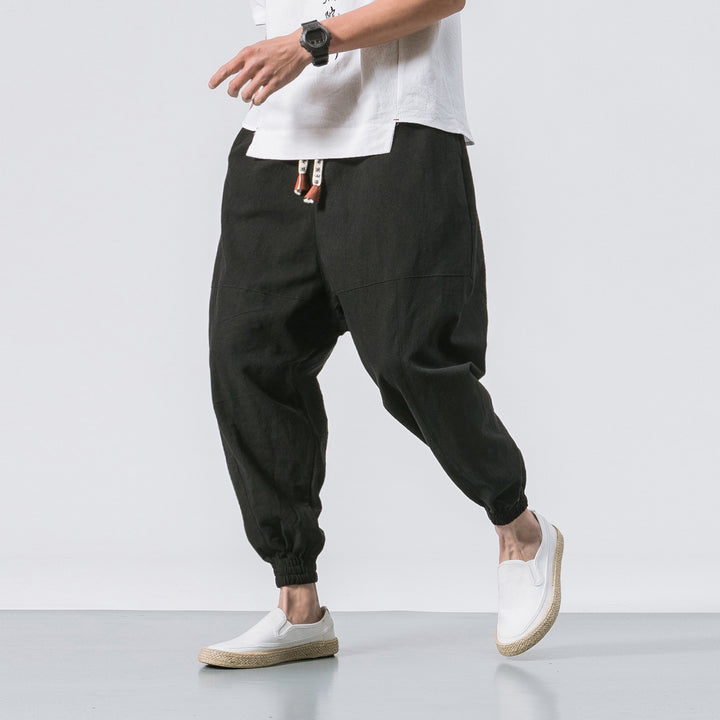 Men's Casual Japanese Loose Solid Color Cotton And Linen Trousers