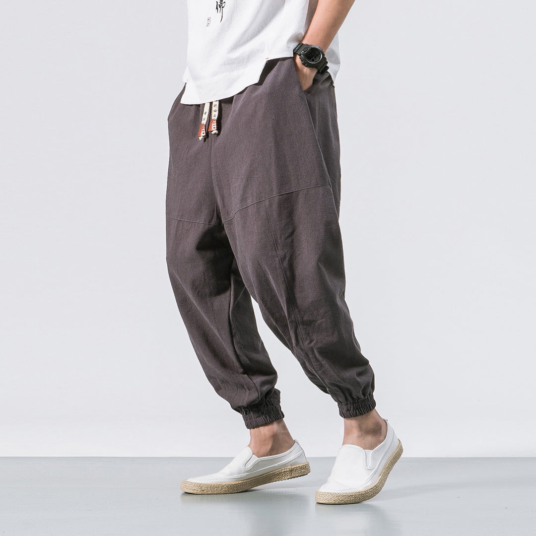 Men's Casual Japanese Loose Solid Color Cotton And Linen Trousers