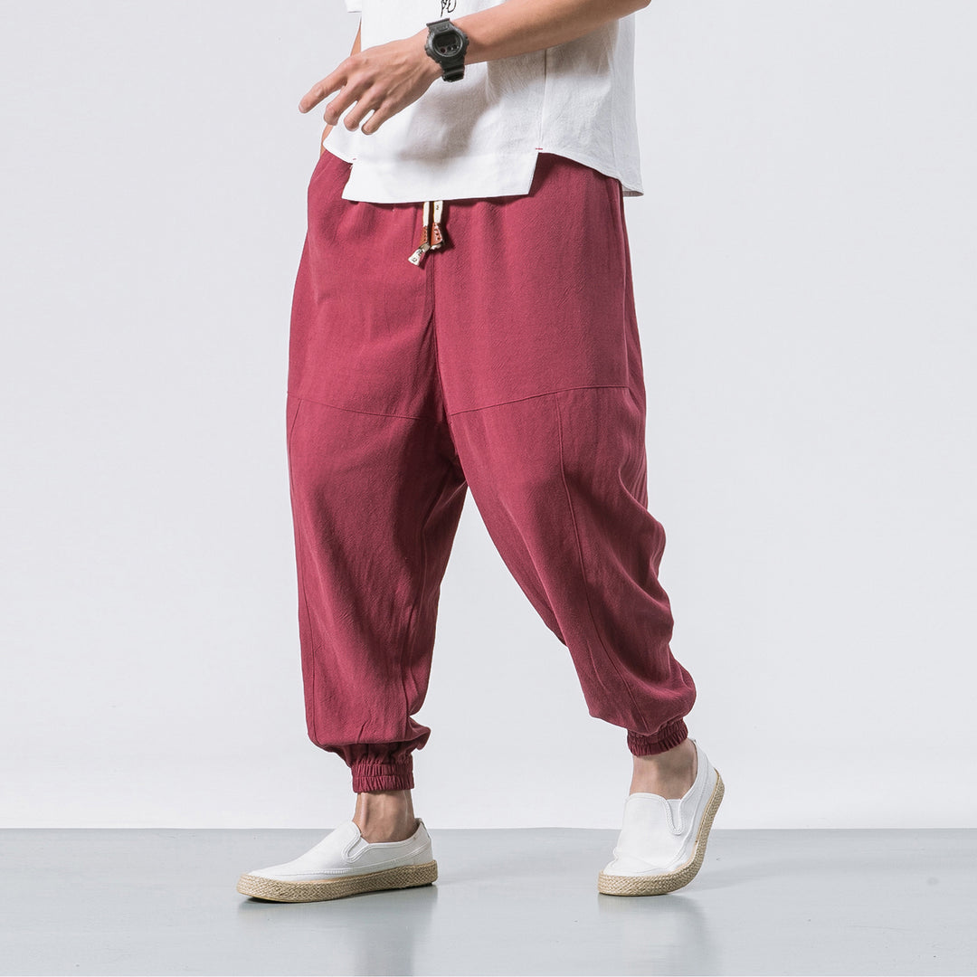 Men's Casual Japanese Loose Solid Color Cotton And Linen Trousers