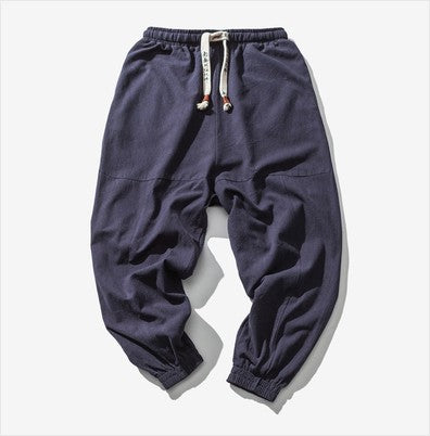 Men's Casual Japanese Loose Solid Color Cotton And Linen Trousers