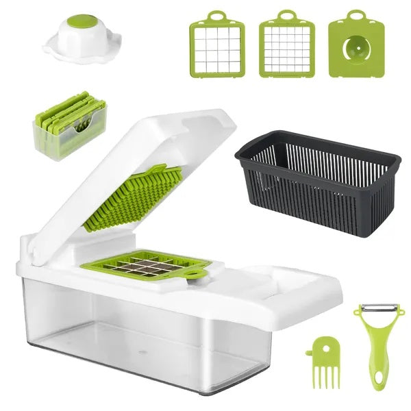 12-in-1 Vegetable Chopper with Container — Kitchen Food Slicer, Dicer & Grater Set