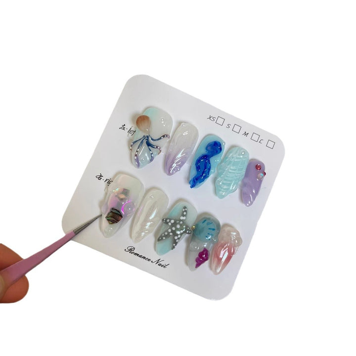 3D Hand-Painted Underwater World Long Press-On Nails — Premium Ocean Design, Almond, Sizes XS–L (Set A)