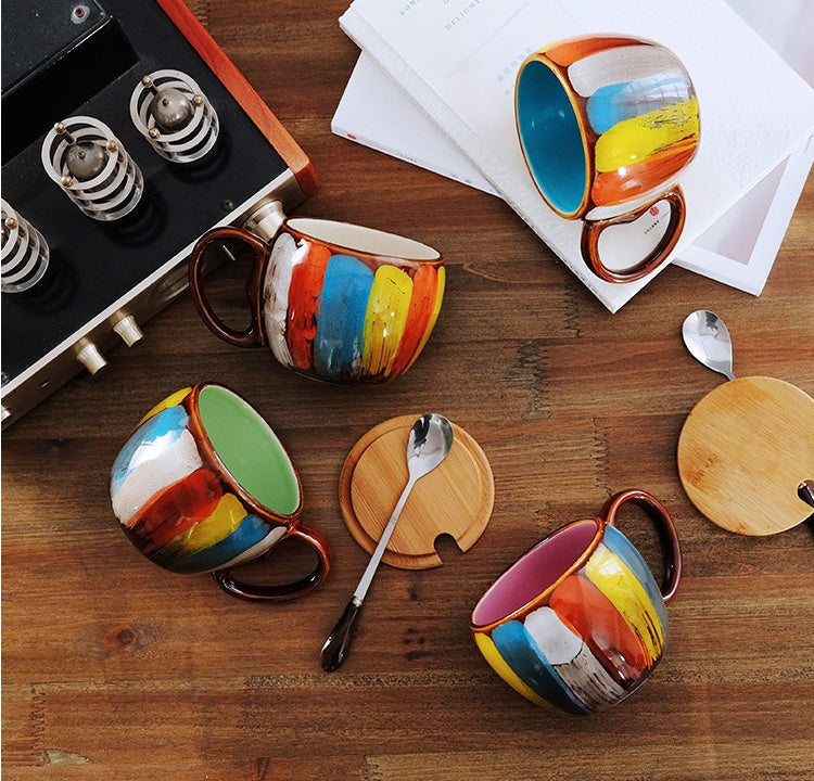 Creative Ceramic Mug with Lid & Spoon — Multi-Purpose Coffee, Milk, Tea & Breakfast Cup for Couples (4 Colours)