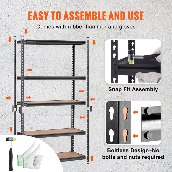 VEVOR Storage Shelving Unit, 5-Tier Adjustable, 2000 Lbs Capacity, Heavy Duty Garage Shelves Metal Organizer Utility Rack, Black,  For Kitchen Pantry Basement Bathroom Laundry