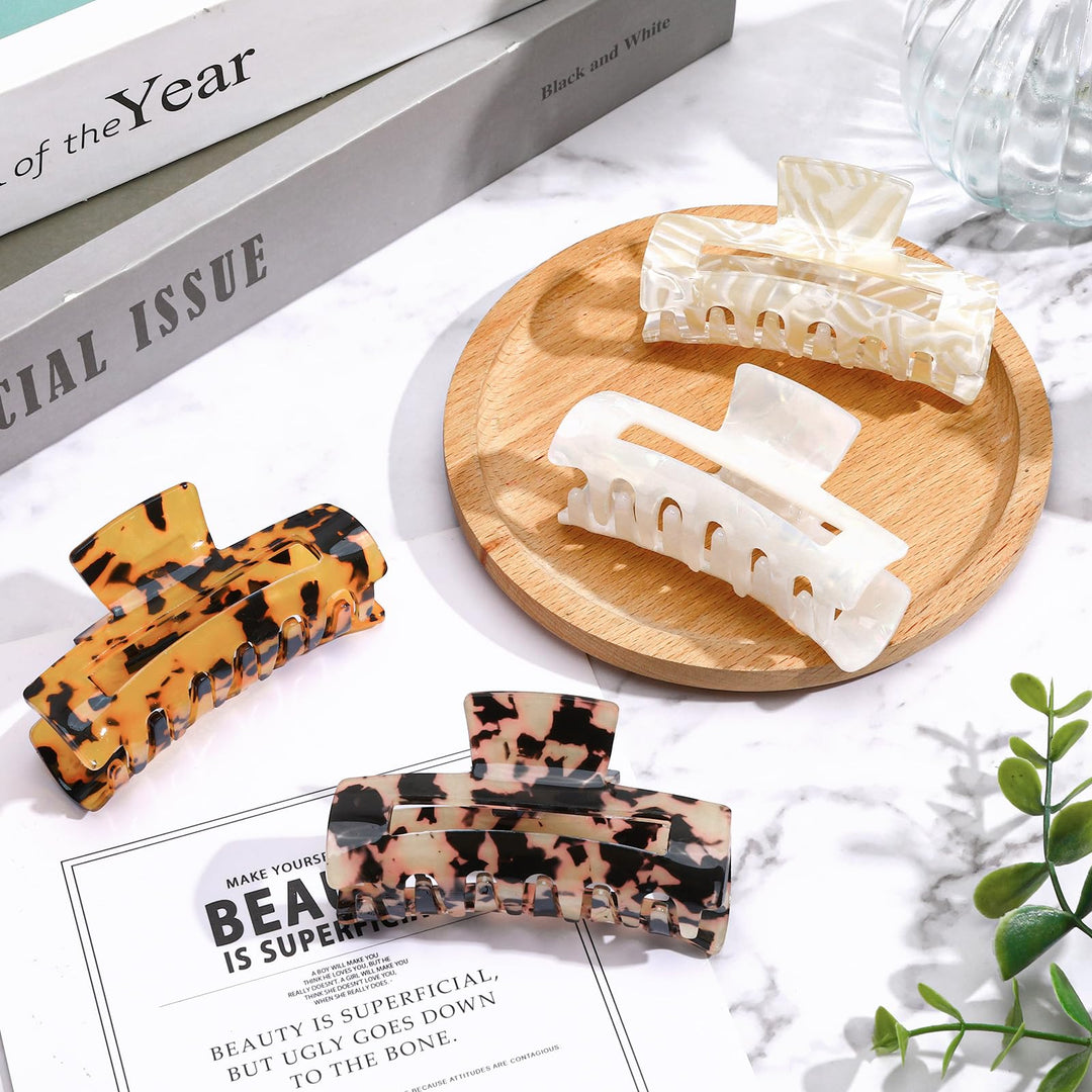 4-Piece Tortoise Acetate Hair Claw Clips — 3.15 Inch French Banana Jaw Clips, Strong Hold for Thick & Thin Hair