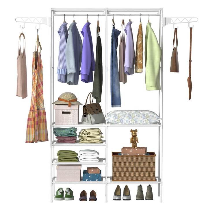 1Pc Metal Garment Rack Shoe Clothing Organizer Shelves Freestanding Multifunctional Clothes Wardrobe