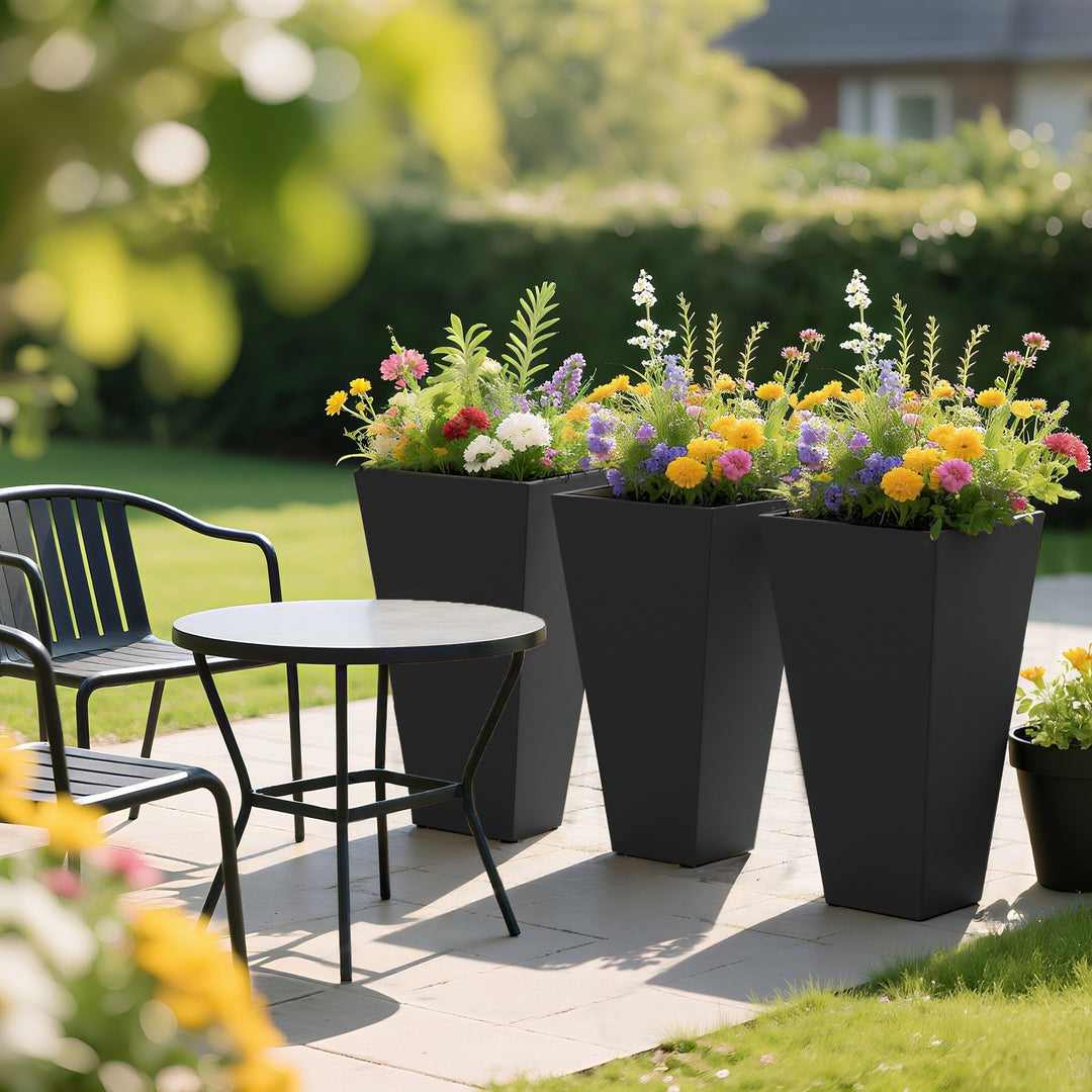 Set of 3 Grande 28in Tall Outdoor Planters — Tapered with Drainage Holes, Front Porch & Patio Décor (Black)