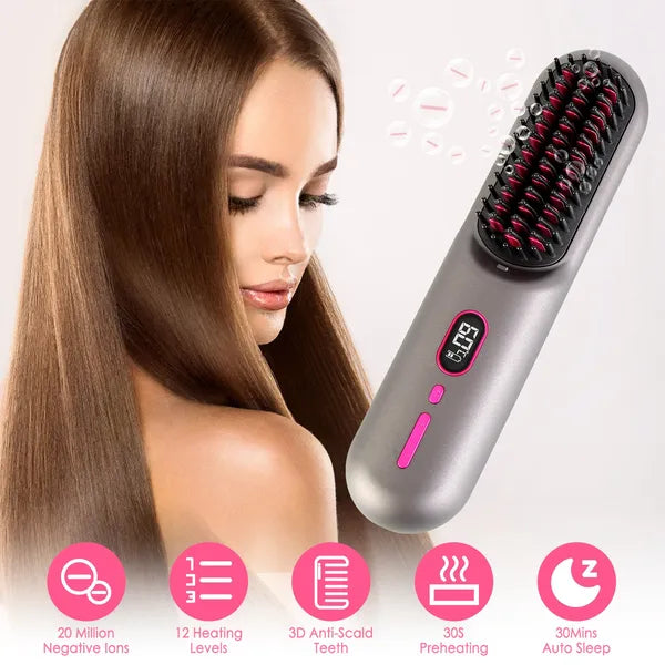 Cordless Negative Ion Hair Straightener Brush — 12 Heating Levels, 30s Heat-Up, 4800mAh, LCD Display