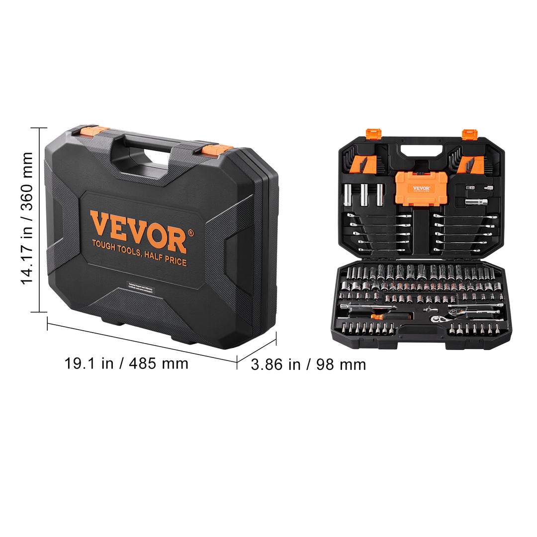 VEVOR 145-Piece Mechanics Tool & Socket Set — SAE & Metric, Deep & Standard Sockets, Combination Wrenches, Hex Keys & Storage Case