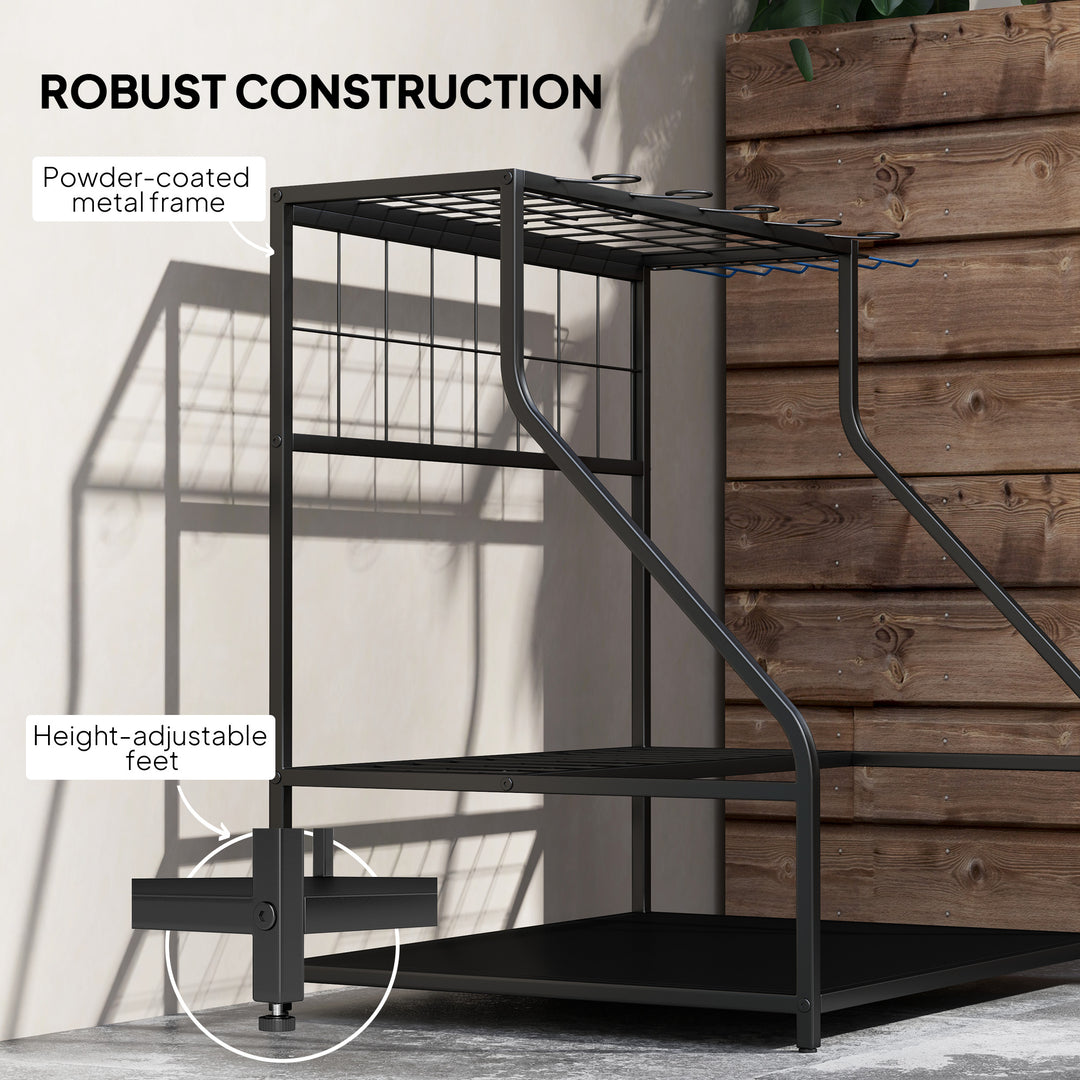 3-Tier Garden Tool Storage Rack — Wall-Mount Organiser with Hooks for Long-Handled Tools, Brooms & Shovels (Blue)