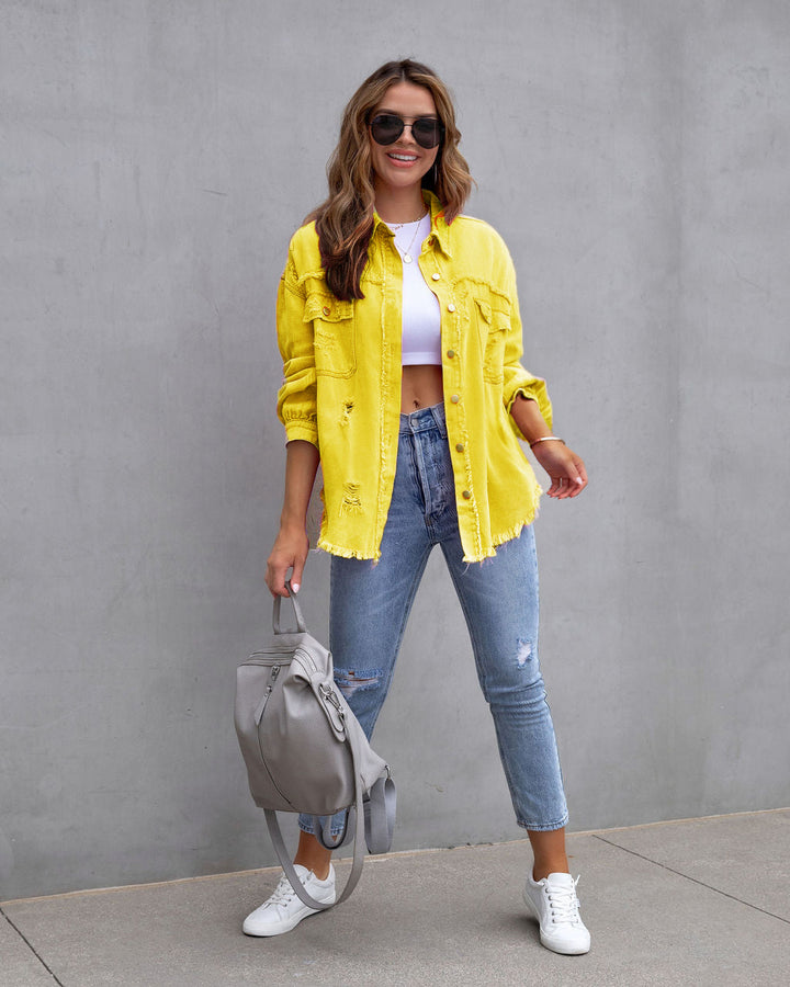Women's Oversized Ripped Shacket – Casual Distressed Shirt Jacket for Fall & Spring