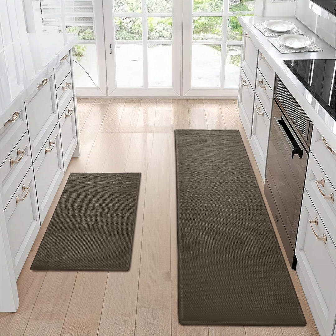 Kitchen Floor Mat 2-Piece Set — Non-Slip, Waterproof & Easy-Scrub Anti-Fatigue Mats for Home Kitchen (Brown)