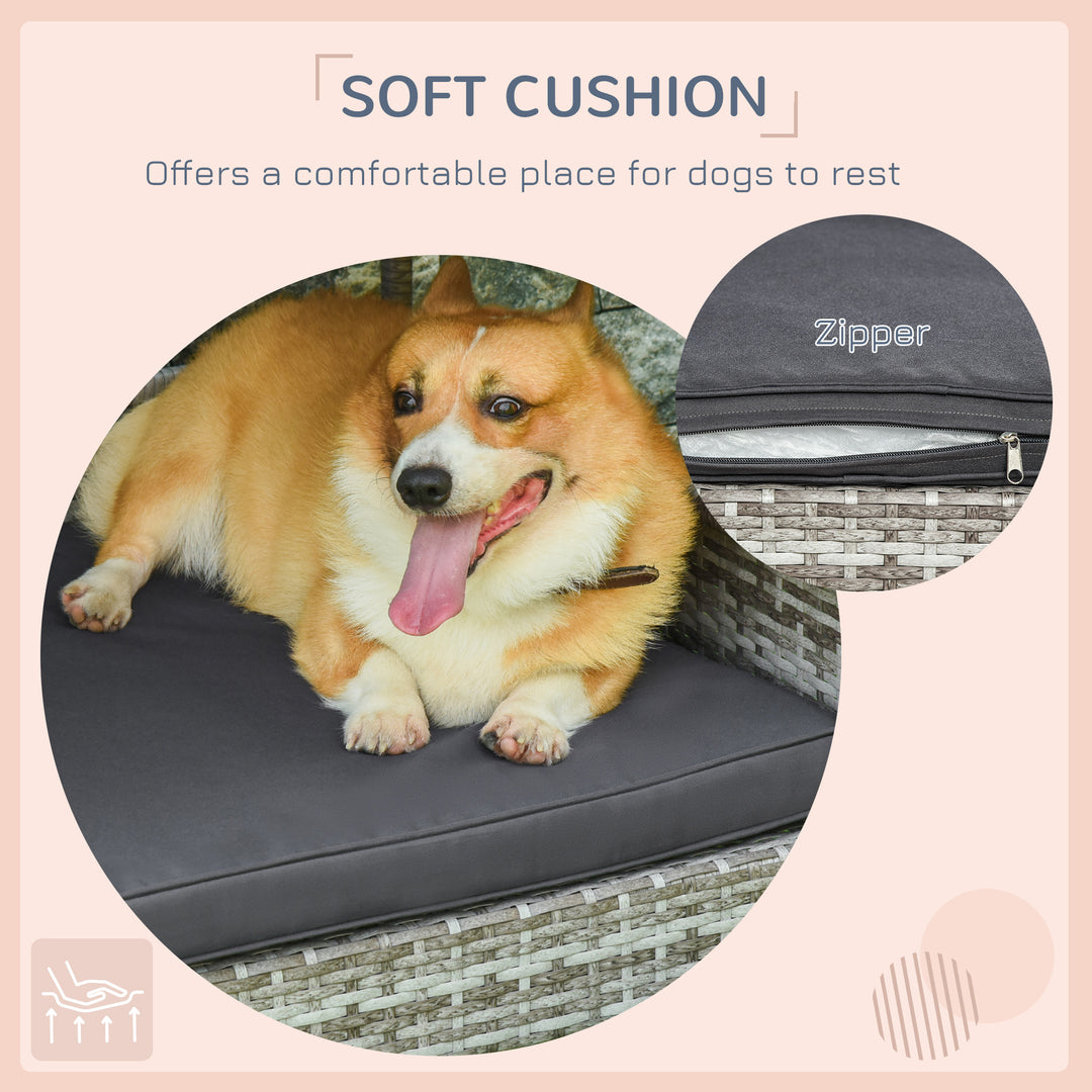 Wicker Dog House Elevated Raised Rattan Bed with Removable Cushion Lounge, Charcoal Gray