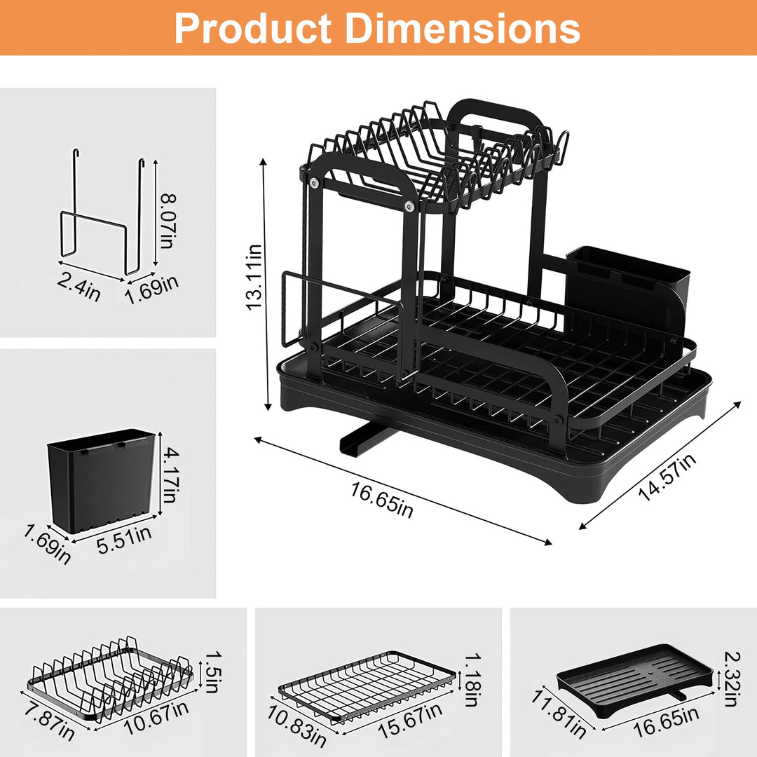2-Tier Rustproof Dish Drying Rack with Drainboard — Space-Saving Counter Organiser with Utensil Holder, Bowl Rack & Chopping Board Slot