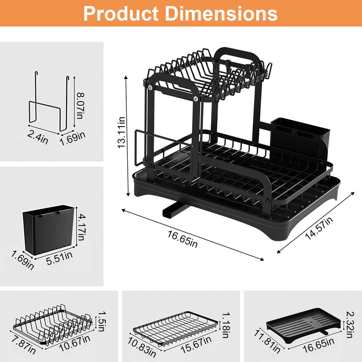 2-Tier Rustproof Dish Drying Rack with Drainboard — Space-Saving Counter Organiser with Utensil Holder, Bowl Rack & Chopping Board Slot