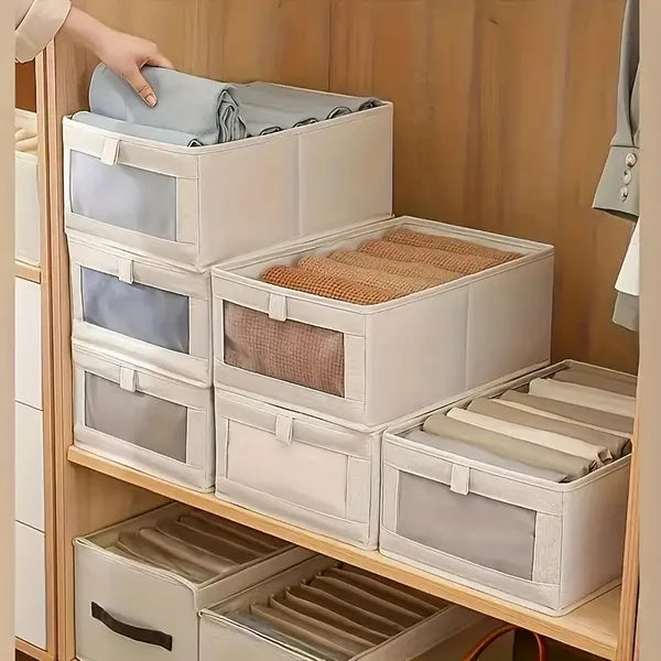 Foldable Clothes Storage Box With Viewing Window - Heavy-Duty Organizer Box, Stackable Closet Organizer For Wardrobe, Under-Bed, Shelf - Space-Saving Closet Storage Solution In Nano White -Linen Style