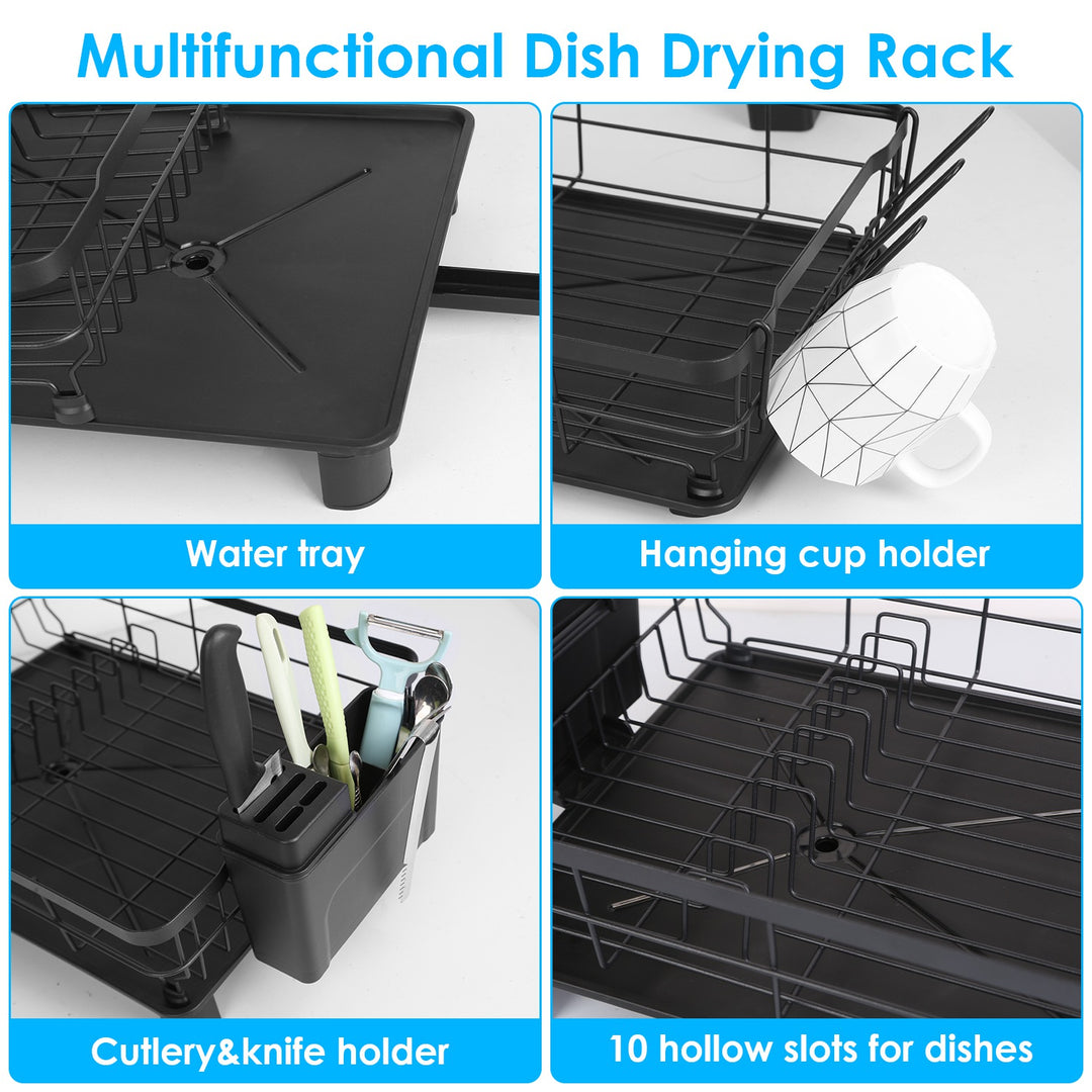 Dish Drying Rack with Drain Board — Utensil Holder & Tableware Organizer for Kitchen Countertop (Black)