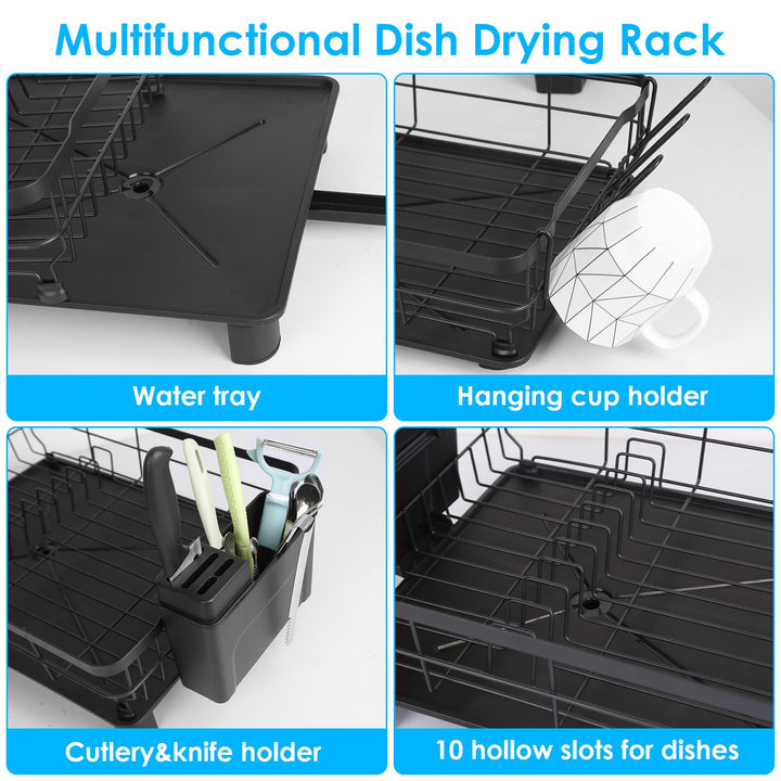 Dish Drying Rack with Drain Board — Utensil Holder & Tableware Organizer for Kitchen Countertop (Black)
