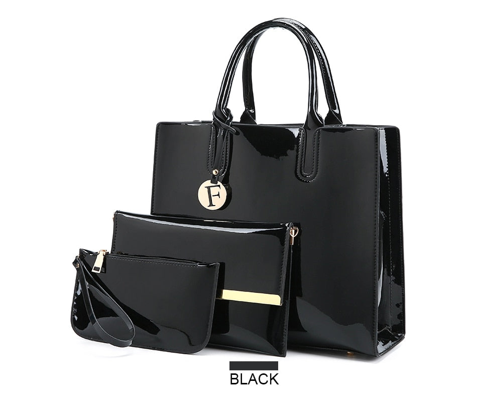 Women’s 3-Piece Patent Leather Handbag Set – Tote Bag, Shoulder Bag & Wristlet