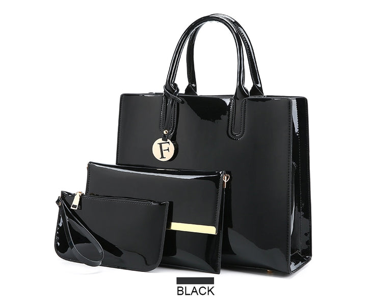 Women’s 3-Piece Patent Leather Handbag Set – Tote Bag, Shoulder Bag & Wristlet