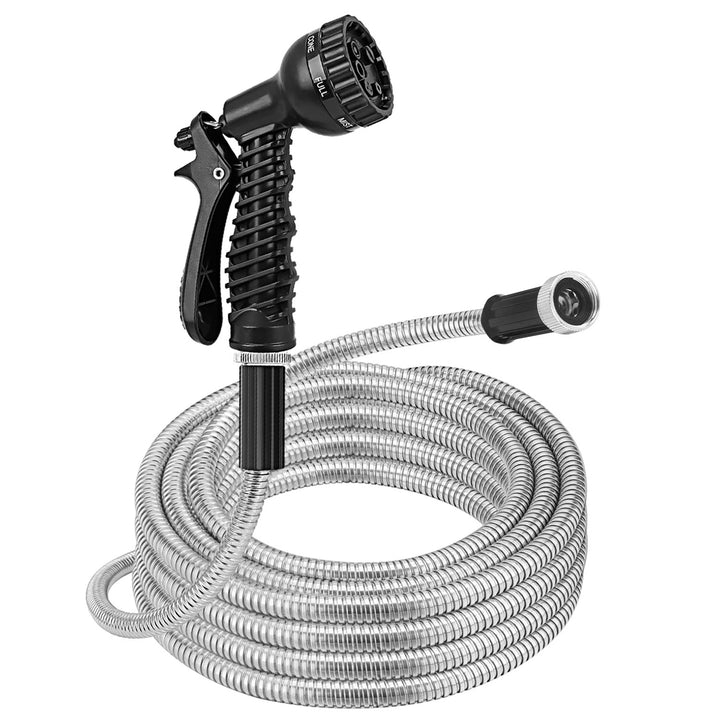 Heavy Duty Stainless Steel Garden Hose Kit — 25ft / 50ft / 100ft, Kink-Free, 12-Pattern Nozzle, Dog-Proof (2 Nozzles)